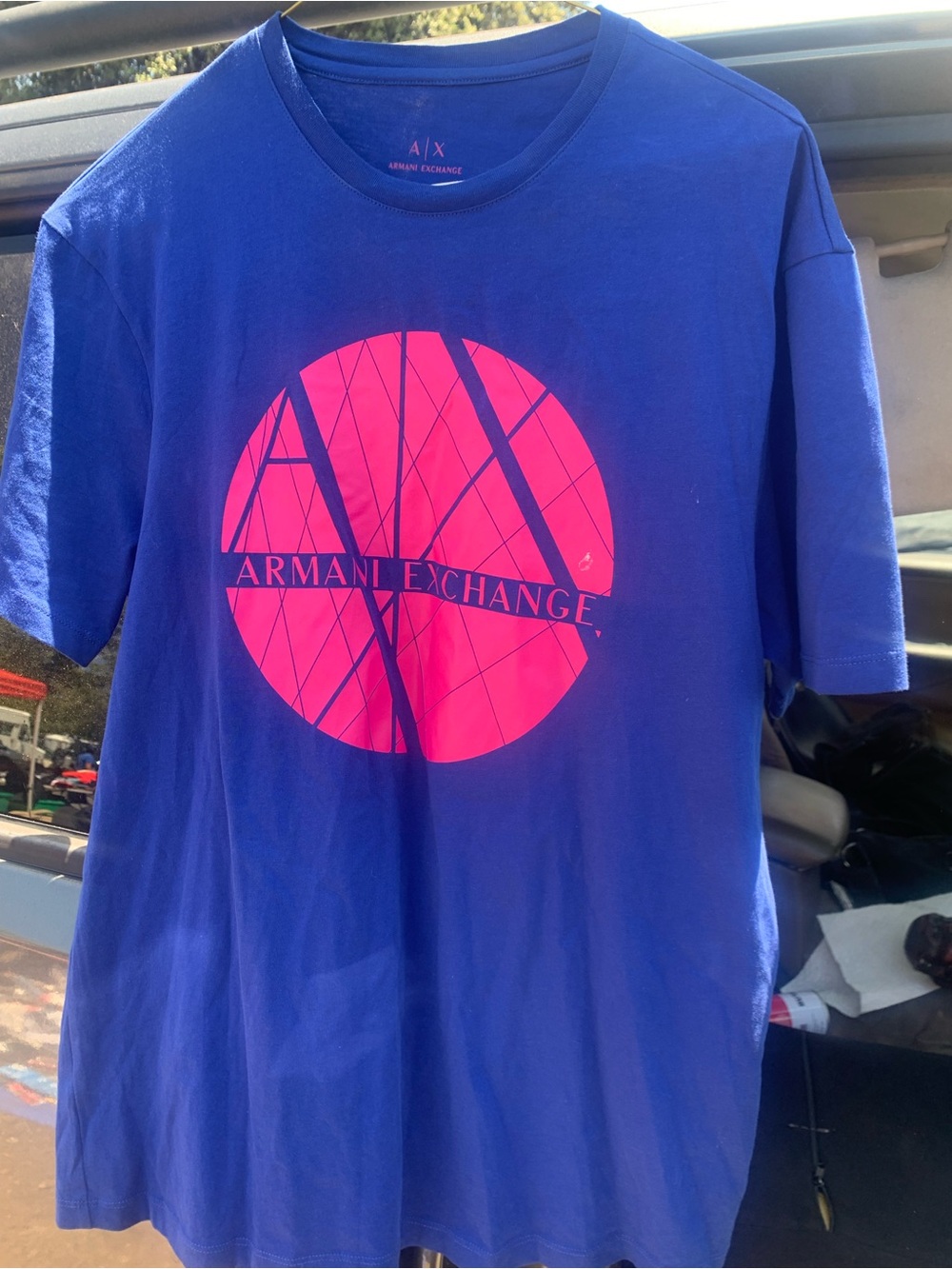 Armani Exchange Blue T-Shirt with Pink Logo